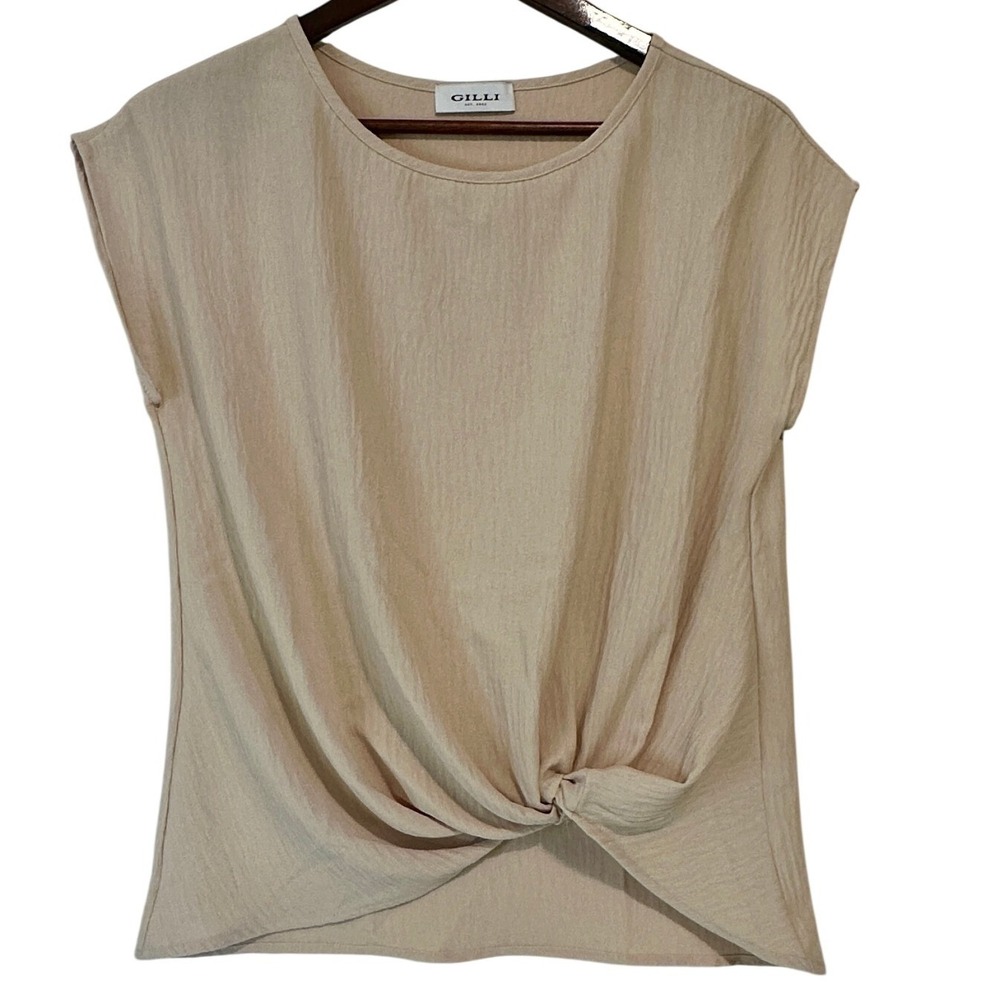 Gilli Tan Crinkle Knit‎ Twist Front Cap Sleeve Top Women's Size S